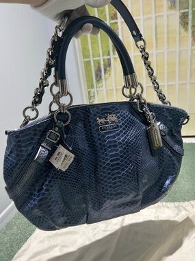 NWT Coach Madison Sophia Python Embossed Leather Metallic Blue Satchel 17x10x5